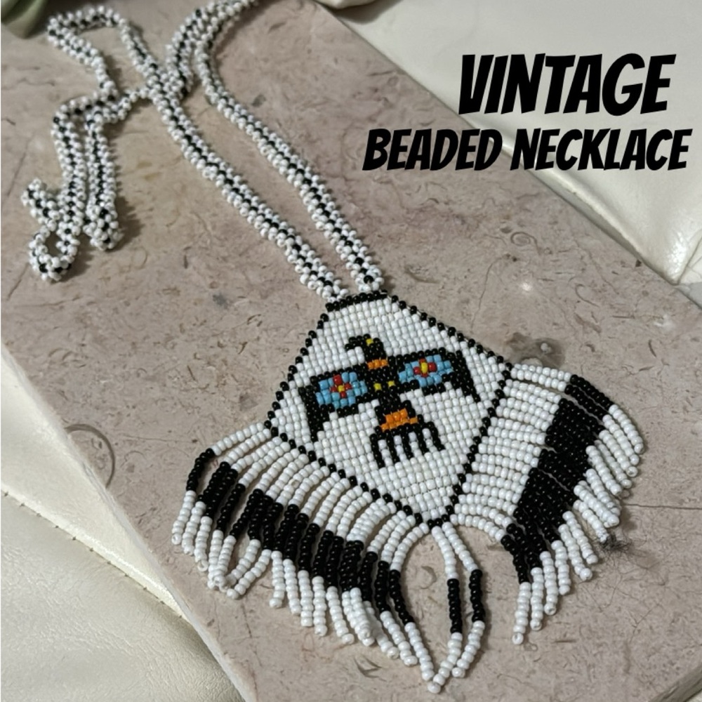 Vintage Beaded Necklace-Thunderbird Motif-White & Black